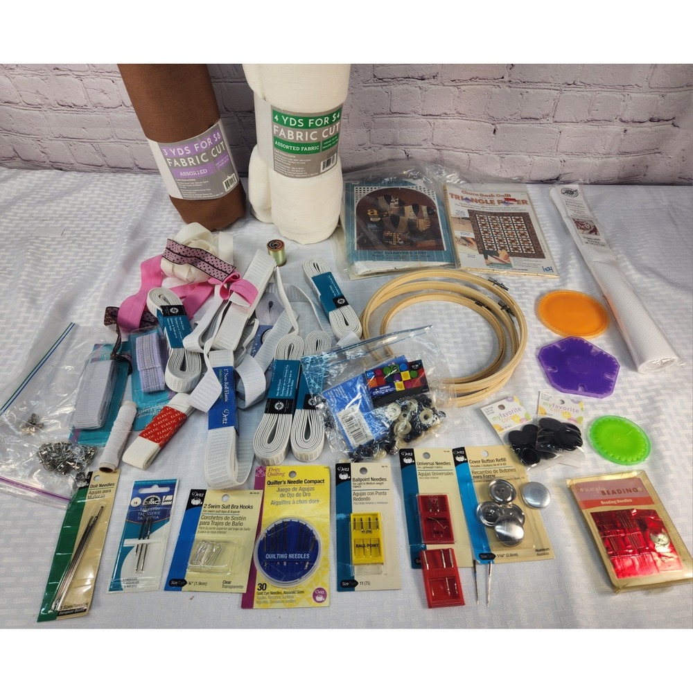 Sewing Lot- Fabric, Sewing Machine Needles + Regular Needles, Cross Stitch Cloth